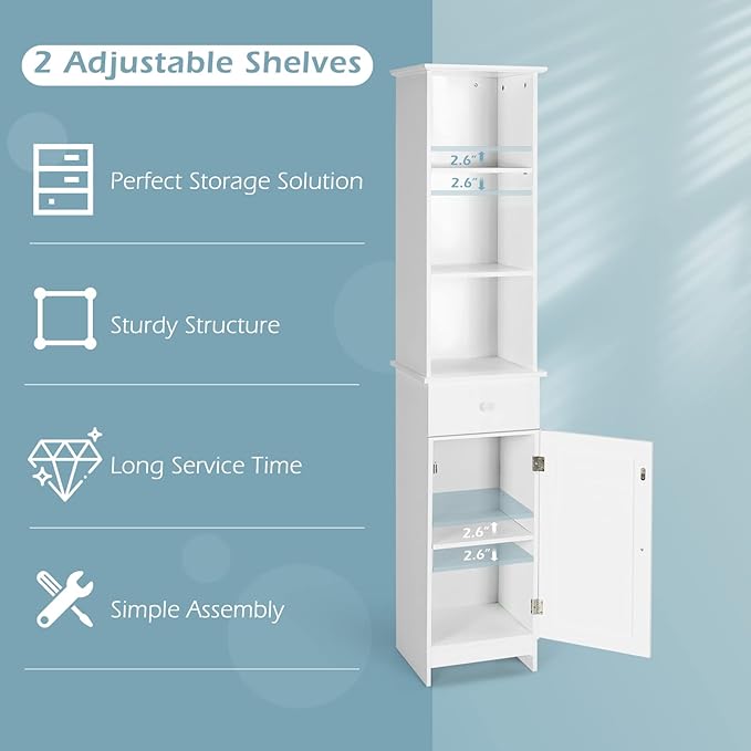 LOKO Bathroom Tall Cabinet, Modern Storage Cabinet with 2 Adjustable Shelves, Bathroom Linen Tower with 3 Open Shelves and 1 Drawer, 13.5 x 12 x 64.5, White