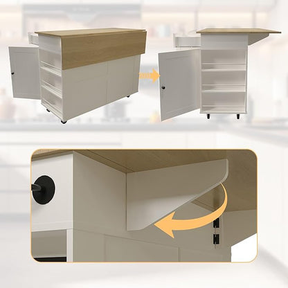 GarveeHome Rolling Kitchen Island with Drop Leaf Countertop, Charging Station & Ample Storage - 47.2 in Mobile Kitchen Cart On Wheels with Pull-Out Shelves, Drawers, Spice Rack & Organizer Divider