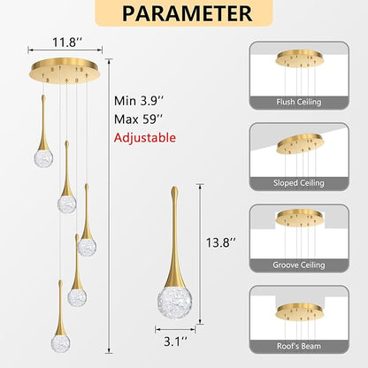 cenzoz 5-Lights Modern Pendant Lights for Kitchen Island LED Dimmable Chandelier Crystal Glam Ceiling Pendant Lighting for Dining Room Hallway Bedroom Lamp Antique Gold