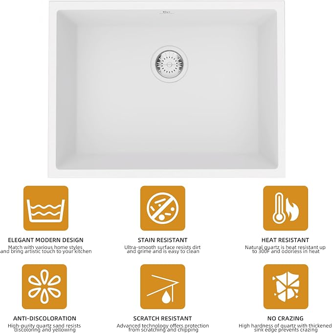 Quartz Kitchen Sink, 20 Inch White Undermount Kitchen Sinks, Deep Single Bowl Granite Composite Sink, Modern Sinks Providing Complete Accessories, Spacious Workspace and Easy Cleaning