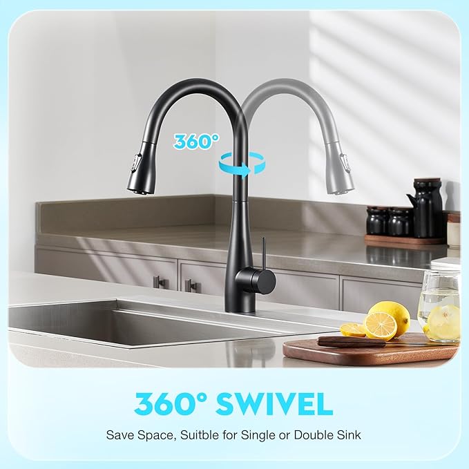 CREA Black Kitchen Faucet, Pull Down Black Kitchen Faucets with Sprayer 3 Modes, Uitility Laundry Faucets Single Hole Bar Sink Faucet 360° Swivel High Arc RV Stainless Steel Faucet, Matte Black