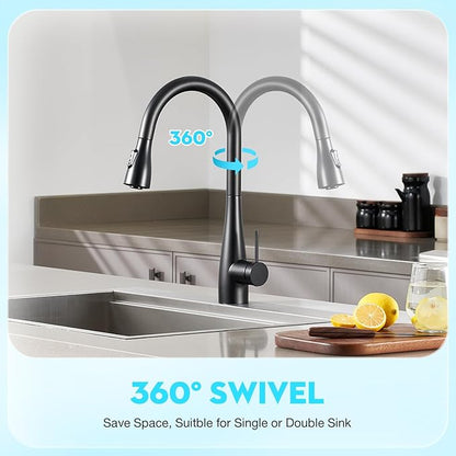 CREA Black Kitchen Faucet, Pull Down Black Kitchen Faucets with Sprayer 3 Modes, Uitility Laundry Faucets Single Hole Bar Sink Faucet 360° Swivel High Arc RV Stainless Steel Faucet, Matte Black