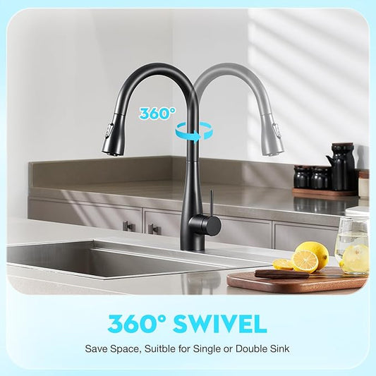 CREA Black Kitchen Faucet, Pull Down Black Kitchen Faucets with Sprayer 3 Modes, Uitility Laundry Faucets Single Hole Bar Sink Faucet 360° Swivel High Arc RV Stainless Steel Faucet, Matte Black