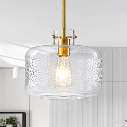 WILON Glass Pendant Lights Kitchen Island, 9.84'' Brass Gold Pendant Lighting Fixtures, Modern Hanging Ceiling Light with Clear Hammered Glass Shade for Farmhouse Dining Room Bedroom Hallway(Brass)