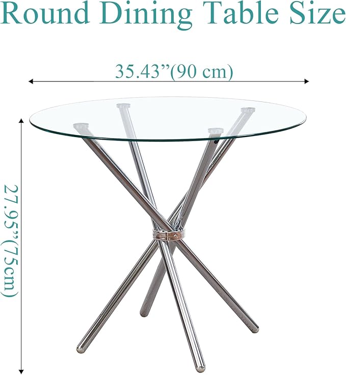 Round Glass Dining Table,Clear Kitchen Table with Tempered Glass Tabletop and Tripod Chrome Legs,Round Glass Table for Restaurant/Dining Room 35.43" D x 35.43" W x 29.5" H (Silver- 4 Legs)