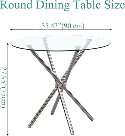 Round Glass Dining Table,Clear Kitchen Table with Tempered Glass Tabletop and Tripod Chrome Legs,Round Glass Table for Restaurant/Dining Room 35.43" D x 35.43" W x 29.5" H (Silver- 4 Legs)