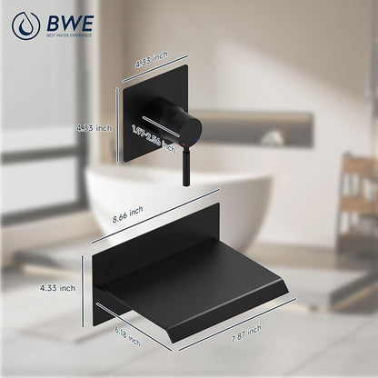 BWE Wall Mount Bathtub Faucet Matte Black Single Handle Bathtub Faucet with Rough in Valve High Flow Waterfall Tub Spout