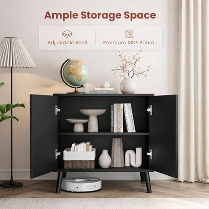 Pamapic Black Fluted Storage Cabinet, Sideboard Buffet with Doors and Shelf, Wooden Console Table & Credenza, Multifunctional Entryway Cabinet for Living Room, Dining Room (Black)