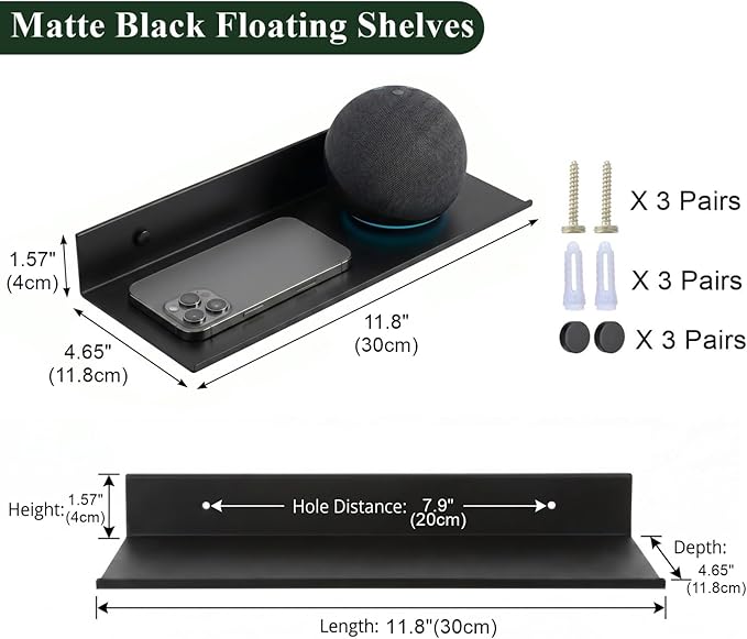 Z metnal Small Decor Shelves, Mini Floating Display Wall Shelf for Smart Speaker Collectables, Aluminum, Wall Mounted, Matt Black,12 x 5 inch,1ft Wide, 2 Pack