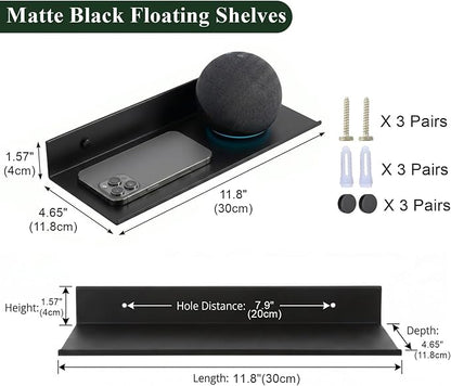 Z metnal Small Decor Shelves, Mini Floating Display Wall Shelf for Smart Speaker Collectables, Aluminum, Wall Mounted, Matt Black,12 x 5 inch,1ft Wide, 2 Pack