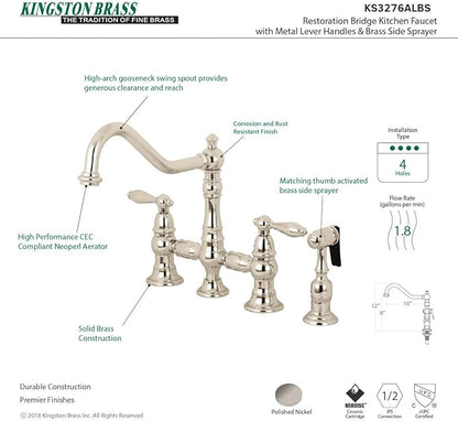 Kingston Brass KS3276ALBS Restoration Bridge Kitchen Faucet, Polished Nickel, 13.06 x 14.06 x 9.44