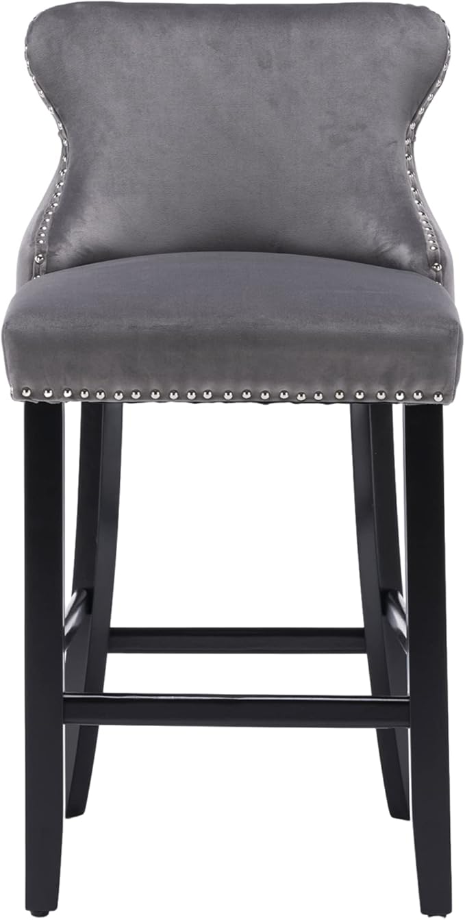 Rhomtree Elegant Button Tufted Upholstered Fabric Bar Stools with Nailhead Trim, Dining Side Chair, Leisure Padded Chairs with Solid Wooden Legs Home Kitchen Island Wooden Bar Chairs (Grey, Set of 6)