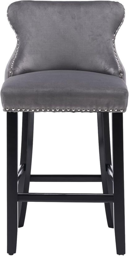 Rhomtree Elegant Button Tufted Upholstered Fabric Bar Stools with Nailhead Trim, Dining Side Chair, Leisure Padded Chairs with Solid Wooden Legs Home Kitchen Island Wooden Bar Chairs (Grey, Set of 6)