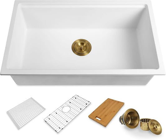 White Undermount Kitchen Sink 30 Inch - Drop In Granite Quartz Composite Workstation Sink - Deep Single Bowl,Dual Mount,with Accessories (White, 30")