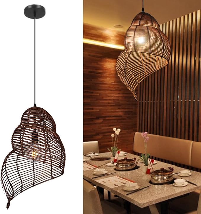 Retro Conch Pendant Lamp Hand Woven Ceiling Lighting Weave Bamboo Rattan E26 Hanging Light Fixture Retro Japanese Wicker Lamp Shade for Bedroom Restaurant Cafe Brown