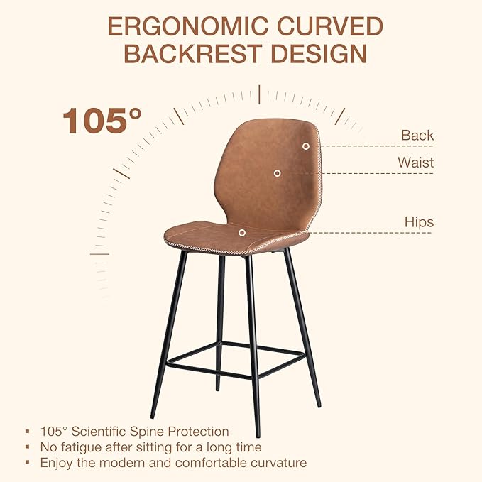 HOMMPA Counter Height Bar Stools Set of 3 Faux Leather 26'' Countertop Stool Chairs with Metal Legs Ergonomic Back Barstools for Kitchen Island Home Brown