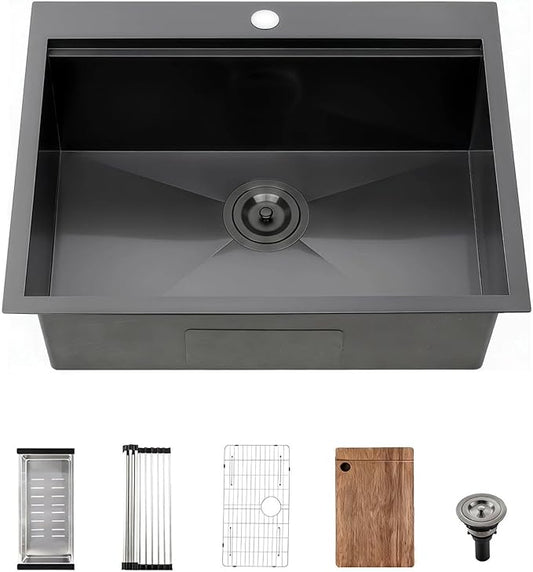 QuietBoy 25" Black Workstation Kitchen Sink, 16 Gauge Stainless Steel Drop-In Single Bowl Sink, Topmount Farmhouse Sink for Kitchen & RV, Deep Basin with Ledge & Accessories (Black, 2522)