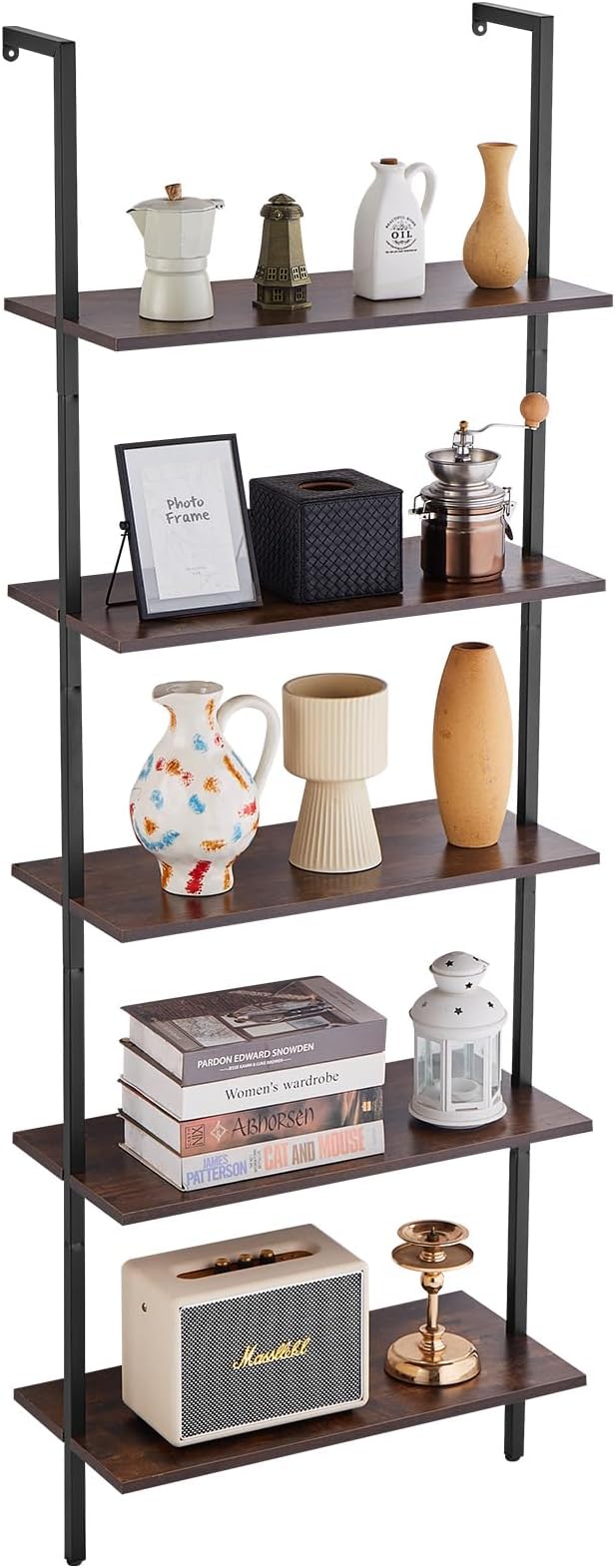 VEVOR Ladder Shelf, 5-Tier Bookshelf 24x11.8in, Open Wall-Mounted Ladder Shelf with Metal Frame,Storage Rack Sundries Holder for Kitchen Bedroom Bathroom Living Room, Black