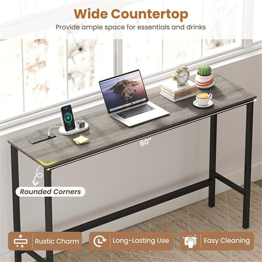 4 Piece Counter Height Bar Table Set with Charging Station & USB Ports, Gray Pub Table with 3 Stools, Space-Saving Kitchen Bar Set, Apartment Dining Furniture Set, Kitchen Bar Table