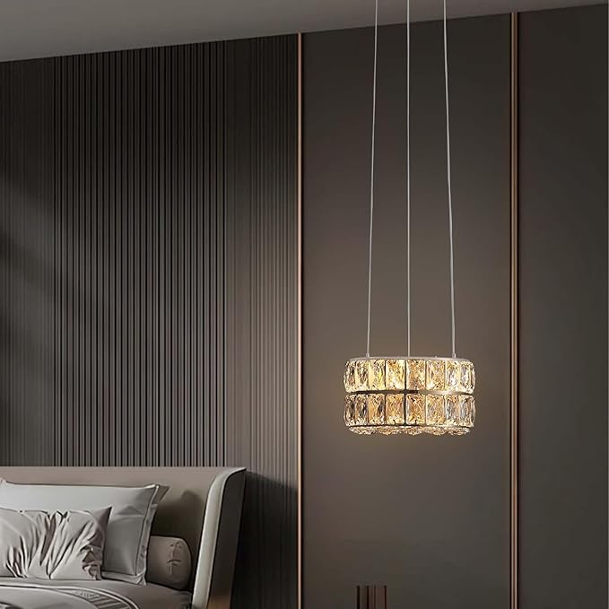 Modern Crystal Ring Chandelier for Dining Room Chrome Crystal Chandelier for Living Room Dimmable LED 11.8" Ring Pendant Light Adjustable Dimmable 2700k-6000k