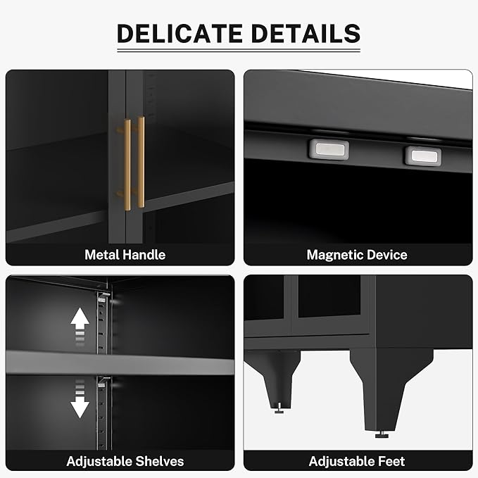 Foreate Arched Sideboard Buffet Cabinet with Storage & LED Light, 53.2" Large Buffet Cabinet with 4 Glass Door & Adjustable Shelf, Modern Farmhouse Sideboard Credenzas Metal Kitchen Buffets, Black