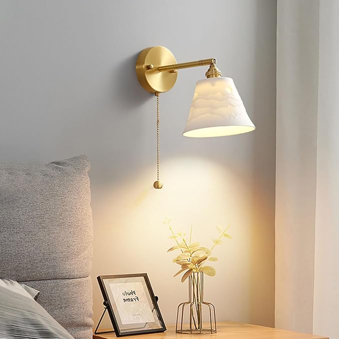 Vintage Wall Light Fixture Ceramic Wall Sconces Light with Pull Chain Switch Gold Brass Finish Mid-Century Modern Sconce Wall Lighting for Bedroom Living Room Farmhouse