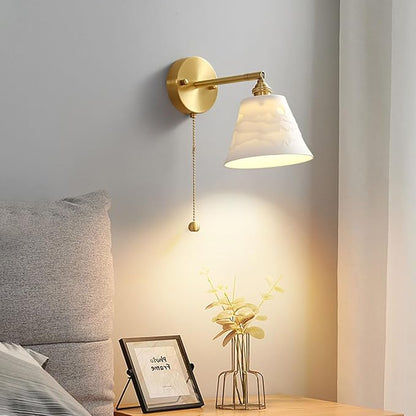 Vintage Wall Light Fixture Ceramic Wall Sconces Light with Pull Chain Switch Gold Brass Finish Mid-Century Modern Sconce Wall Lighting for Bedroom Living Room Farmhouse