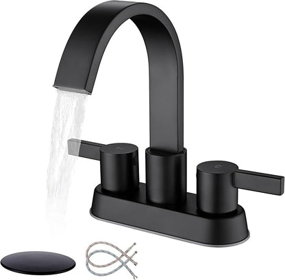 Matte Black Bathroom Faucets for Sink 3 Hole, 4 Inch Centerset Waterfall Faucet Bathroom Sink Faucet with Pop-up Drain and 2 Supply Hose, SUS304 2 Handle Faucet for Bathroom Sink, SE-0048-BK