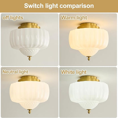 14 inch Vintage Semi Flush Mount Ceiling Light Gold Schoolhouse Ceiling Light Fixture Mid Century Milk Glass Ceiling Lamp for Kitchen Restaurant Bedroom and Hallway(White)