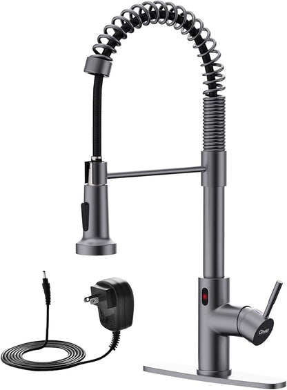 GIMILI Black Stainless Touchless Kitchen Faucet with AC Adapter, Smart Motion Sensor Hands Free Single Handle Kitchen Sink Faucet with Pull Down Sprayer
