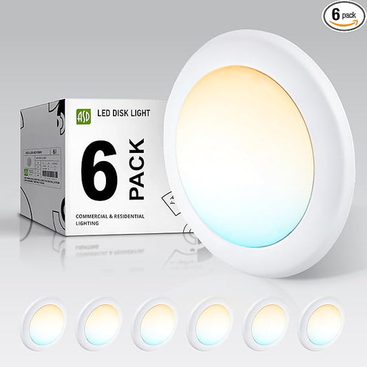 ASD 6 Pack LED Disk Lights 6 Inch, 15W 5CCT 2700K-5000K 1245LM CRI90+, Dimmable Flush Mount Ceiling Light Fixture, Low Profile Surface Mount Disc Lights, Junction Box or Recessed Can Install, UL