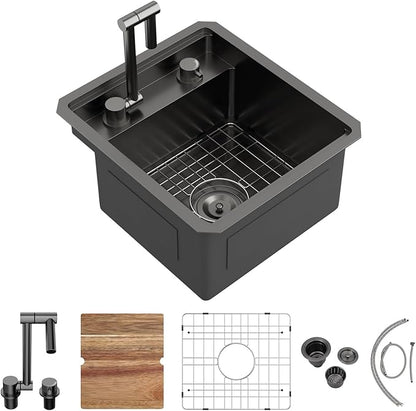 16x17 Inch Outdoor Sink Black Undermount RV Sink Workstation NANO PVD 16 Gauge Stainless Steel Single Bowl Handmade Outdoor Kitchen Sinks With Folding Faucet 16"x17"x9"