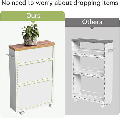 LITTLE TREE 4 Tier Rolling Cart with Wheels, 6.3 Inch Slim Storage Cart, Wooden Snack Cart with Narrow Shelf, White Laundry Room and Bathroom Organizer Shelves