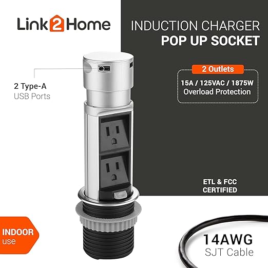 Link2Home 2 Pack Space Saver Pop Up Outlet Station with USB, 2 Power Outlets 15A, 2 USB Ports 2.4A Fast Charge Splash Resistant, Stainless-Steel Finish, for Kitchen Island, Office Table and Workshop