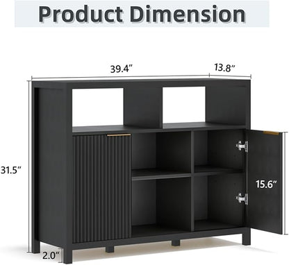 FONTOI Sideboard Buffet Cabinet, Thicken Wood Storage Cabinet with 4 Large Open Shelf, Farmhouse Cabinet with 2 Fluted Doors, Modern Accent Cabinet for Living Room, Kitchen, Entryway, Black
