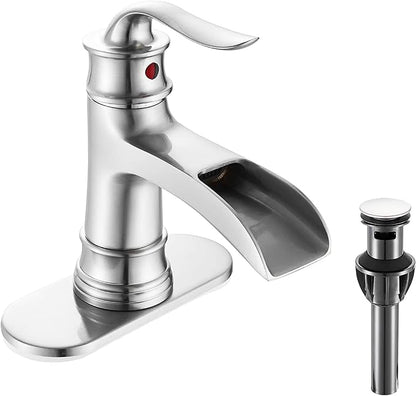 FRANSITON Waterfall Faucet Bathroom Faucet Single Handle One Hole Brushed Nickel Finish Large Spout Lavatory Faucets (Brushed Nickel)