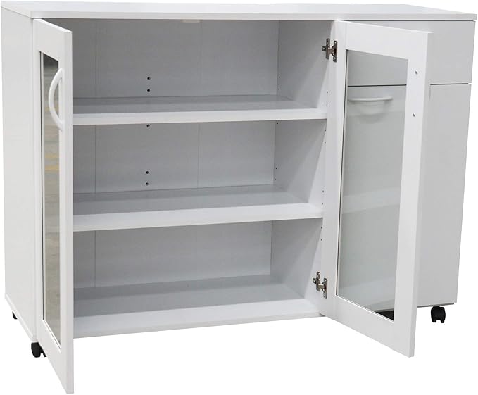 Kings Brand Furniture Buffet Server Sideboard Kitchen Storage Cabinet with Adjustable Shelves & Drawer, White Wood & Glass, 45.5" W x 15" D x 33" H