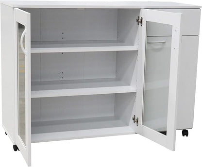 Kings Brand Furniture Buffet Server Sideboard Kitchen Storage Cabinet with Adjustable Shelves & Drawer, White Wood & Glass, 45.5" W x 15" D x 33" H