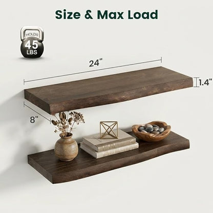 24 Inch Live Edge Floating Shelves, 8 Inch Deep Solid Elm Wood Wall Shelf, Heavy-Duty Wall Mounted Shelf with Invisible Brackets for Living Room, Bathroom, Kitchen, Set of 2, Walnut Color
