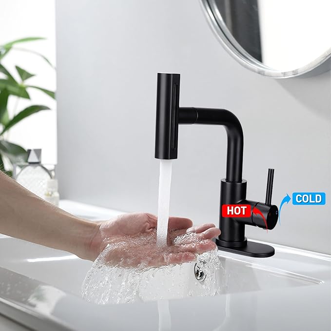 Bathroom Sink Faucet with 4 Mode Pull Down Sprayer, Matte Black Single Handle Pull Out Faucet with Pop-Up Drain, 1 or 3 Hole Laundry Bar Basin Faucet with Deck Plate