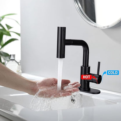 Bathroom Sink Faucet with 4 Mode Pull Down Sprayer, Matte Black Single Handle Pull Out Faucet with Pop-Up Drain, 1 or 3 Hole Laundry Bar Basin Faucet with Deck Plate