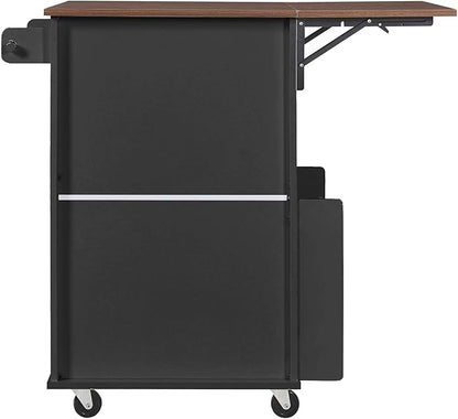 Farmhouse Kitchen Island with Drop Leaf Rolling Cart with Lockable Wheels Storage Island with Open Side Rack Storage Cart Practical(Black)