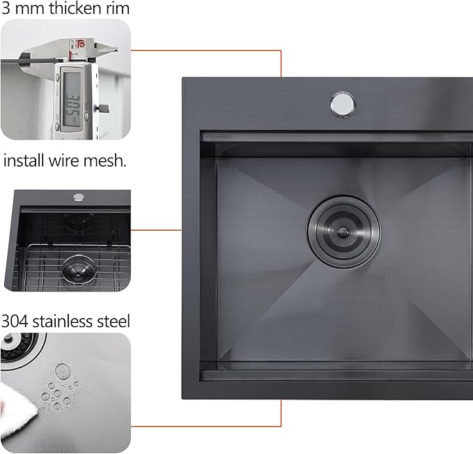 Friho 18x18 Black Stainless Steel Drop In Bar Sink, 9 Inch Deep Single Bowl Workstation Wet Bar Sink with Cutting Board & Strainer