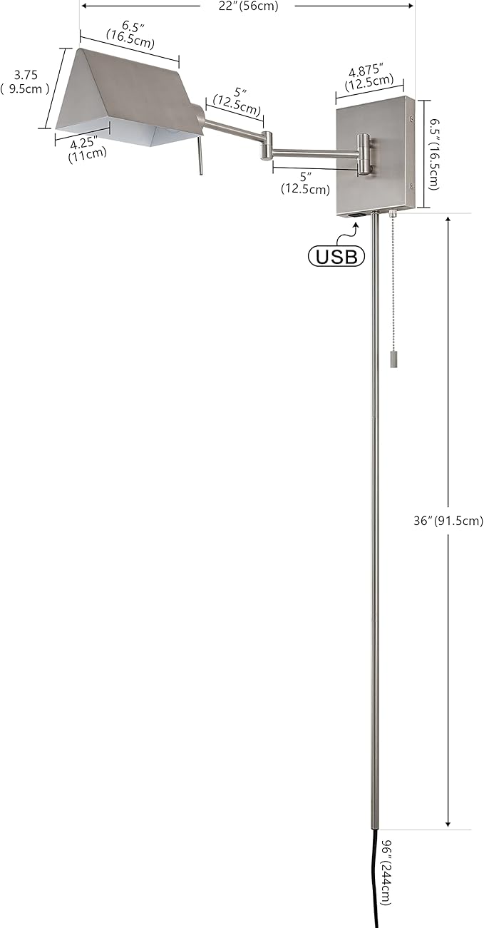 JONATHAN Y 22" Nickel Swing Arm Wall Sconce, Plug-in or Hardwired with USB Charging Port and Pull Chain, Iron Shade, Industrial LED Reading Lamp (JYL6015C)
