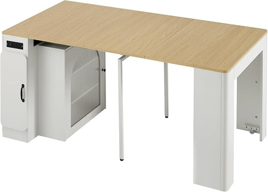 Extendable Dining Table with 3 Removable Middle Leaves Mobile Rolling Island Table with Power Outlet Storage Cabinet Practical(White)