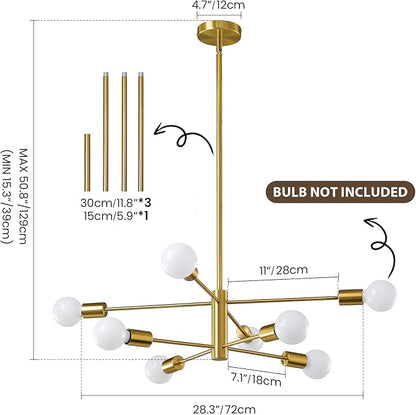 KAISITE Modern Chandelier Sputnik Ceiling Light Fixture 8-Light Gold Chandelier Dining Room Light Over Table Height Adjustable Mid Century Ceiling Hanging Chandelier for Bedroom Kitchen Foyer