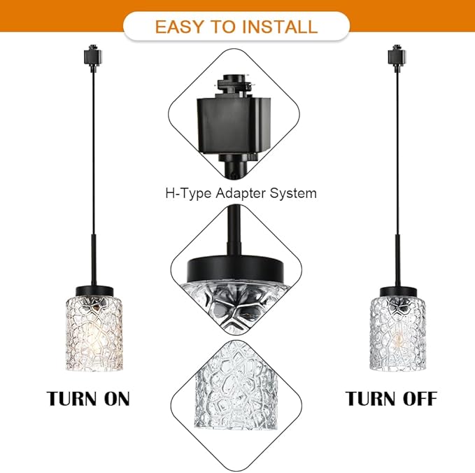VINLUZ 3-Pack H-Type Track Lighting Pendant Fixture with Clear Glass Shades, Industrial Ceiling Hanging Light Black Finish for Kitchen Island