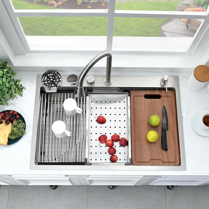 33 Inch Drop In Waterfall Kitchen Sink with Fuacet Combo-Bokaiya 33x22 Drop In Kitchen Sink with Cup Washer 16 Gauge Stainess Steel Top Mount Multifunctional Sink, Updated Water Pressure Control