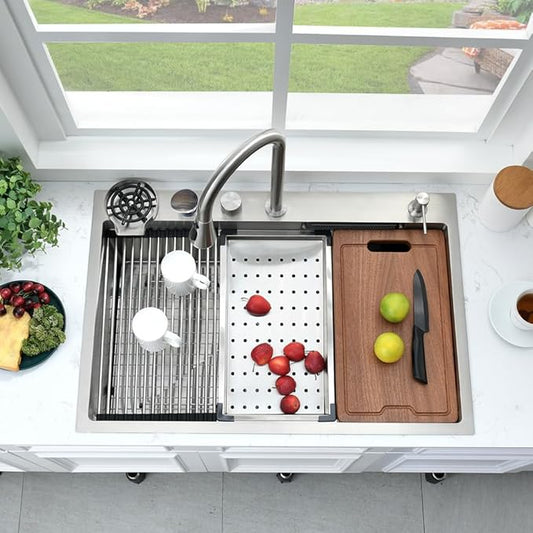 33 Inch Drop In Waterfall Kitchen Sink with Fuacet Combo-Bokaiya 33x22 Drop In Kitchen Sink with Cup Washer 16 Gauge Stainess Steel Top Mount Multifunctional Sink, Updated Water Pressure Control