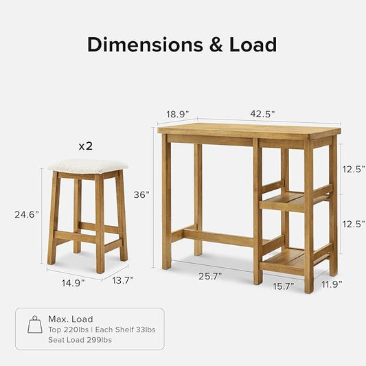 mopio Kelly Solid Wood Counter Table Set with 2 Boucle Stools, 3-Piece Small Dining Kitchen Island Table Set for 2, with Storage Shelves, for Living Room, Dining Room, Kitchen